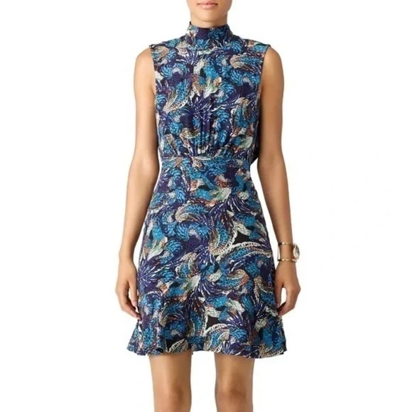 SALONI Blue Feather Print TYRA Dress Size 8 in Midnight Mazarine 100% Silk - Picture 1 of 11